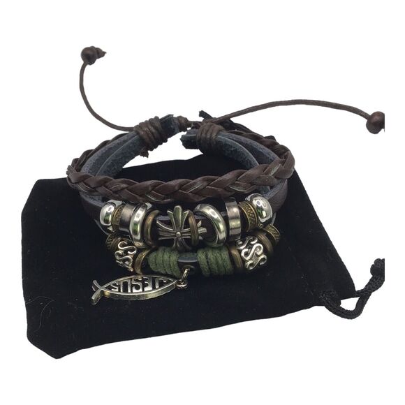 Jesus ICHTHUS Fish Charm Leather Adjustable Bracelet Set Boho Stack 6.5–7.5 in - Picture 14 of 15